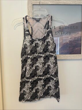 Size XSmall Vanity Black & White Paisley Racerback Tank with light pink Lace